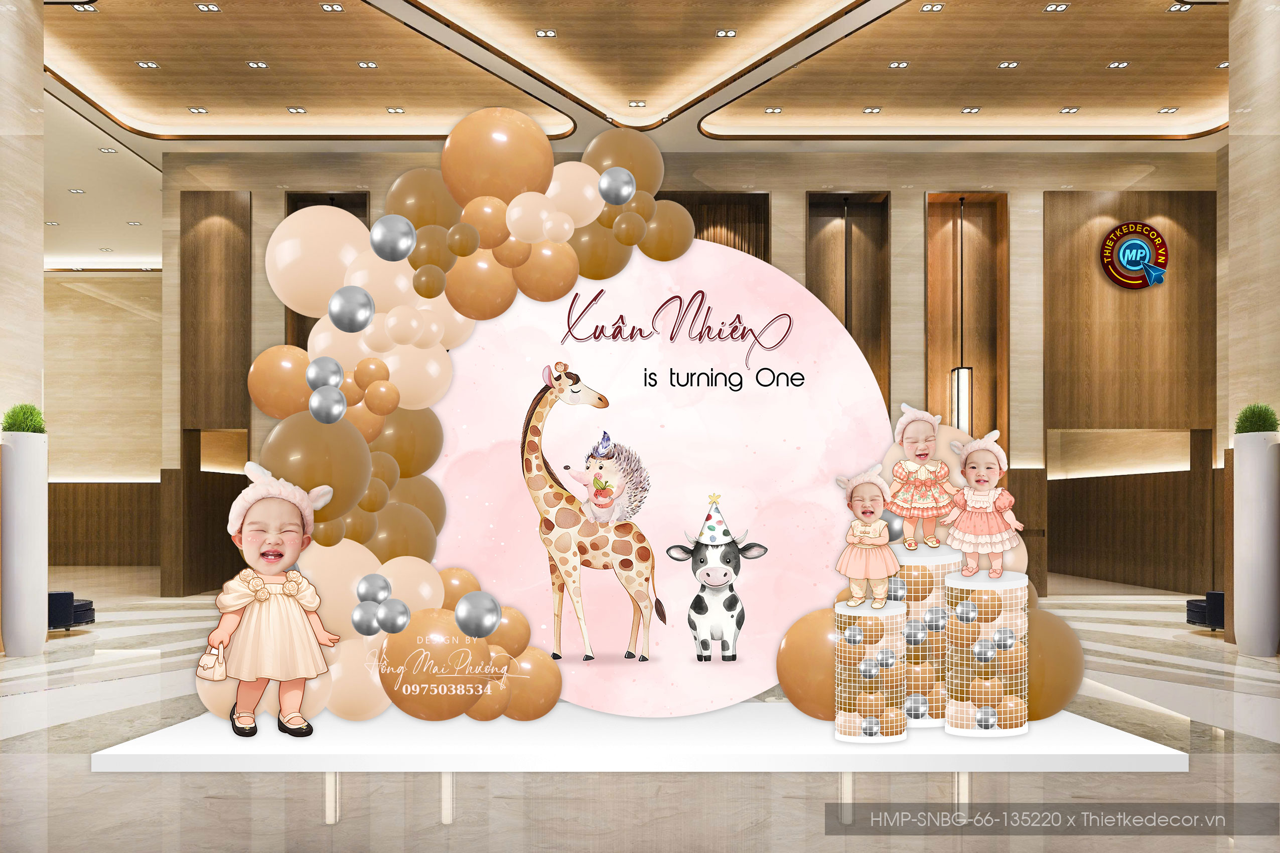 Tiệc sinh nhật bé gái tone cam thích muôn thú